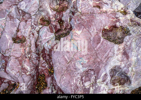 Rosa Kissen Gestein aus vulkanischer Lava auf Llanddwyn Island, Anglesey, Wales gebildet. Stockfoto