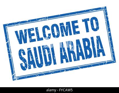 Saudi Arabien blauen quadratischen Grunge willkommen isoliert Stempel Stock Vektor