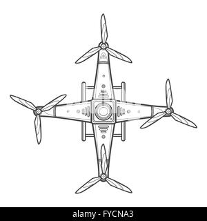 Vektor dunkle Kontur Design Quadrocopter Drohne drei Flügel Propeller Draufsicht isoliert Illustration weißen Hintergrund Stock Vektor