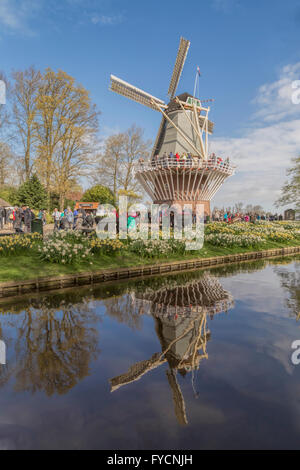 Touristen genießen die Gärten und die Aussicht von der Mühle am Keukenhof, eine Welt berühmten Blumengarten in Lisse, Süd-Holland. Stockfoto