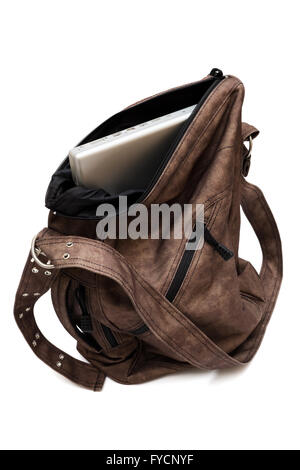 moderne Laptop in einer Tasche auf weißem Hintergrund Stockfoto