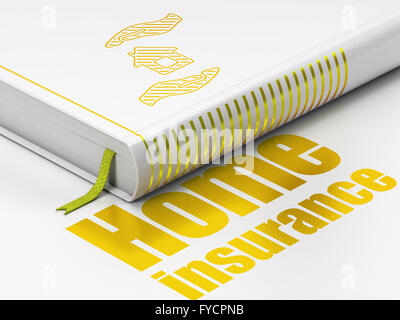 Versicherungskonzept: Buch Haus und Palm, Home Insurance auf weißem Hintergrund Stockfoto
