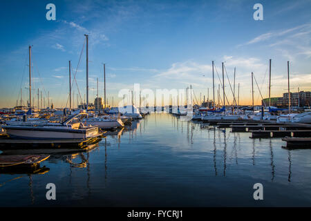 Boote in einer Marina in Kanton, Baltimore, Maryland angedockt. Stockfoto