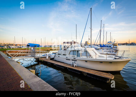 Boote in einer Marina in Kanton, Baltimore, Maryland angedockt. Stockfoto