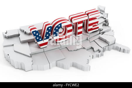 Amerikanische Flagge texturiert Abstimmung Text stehen auf der Karte der USA isoliert auf weißem Hintergrund Stockfoto
