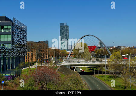 Ältere (2017) Skyline von Manchester von Süden mit Hulme Arch und Teil der Manchester Metropolitan University auf der linken Seite. Neuere 2021 Aufnahmen, die ich selbst habe. Stockfoto