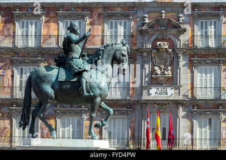 Europa, Spanien, Madrid, Plaza Mayor Statue Philipp III Stockfoto