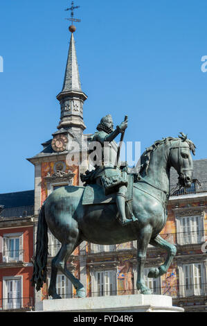 Europa, Spanien, Madrid, Plaza Mayor Statue Philipp III Stockfoto