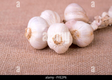 Bild von frischem Knoblauch auf Jute sack Stockfoto