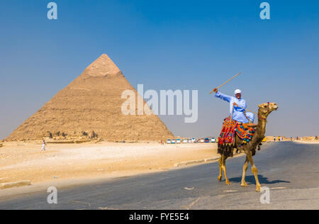 Gizeh, Ägypten - 16. September 2008: Kamelreiter und Pyramide von Khufu, Giza, Ägypten Stockfoto