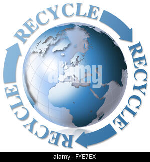 3D recycling-Symbol mit blaue Erdkugel Stockfoto