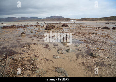 Fels-Pools und Sand im Flachwasser bei Ebbe am Morfa Nefyn, Nefyn, Pwllheli, Stift Llyn, Wales an einem Frühlingstag Stockfoto