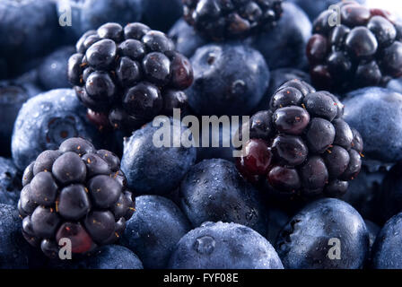 Brombeeren und Heidelbeeren in einem Stapel Stockfoto