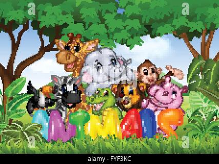 Illustration des Wortes Tier mit Cartoon wildes Tier Stock Vektor