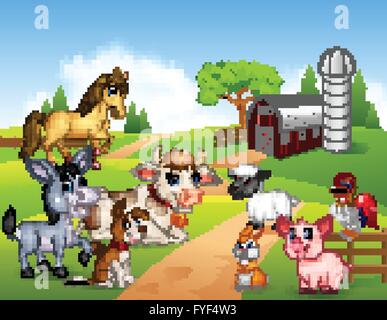 Bauernhof-Hintergrund mit glücklichen Tieren Stock Vektor