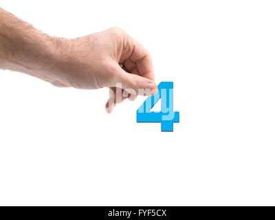 Zahlen statt von einer Hand auf dem weißen Hintergrund isoliert Stockfoto