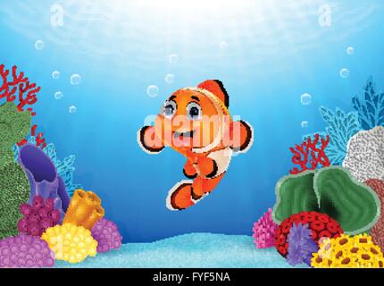 Cartoon-Clown-Fisch mit wunderschöne Unterwasserwelt Stock Vektor