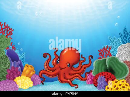 Cartoon-Krake mit Korallenriff Unterwasser im Ozean Stock Vektor