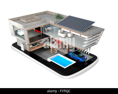 Smart Haus auf einem Smartphone. Das intelligente Haus Equippd mit Sonnenkollektoren, energiesparende Geräte und Akku-System. Stockfoto