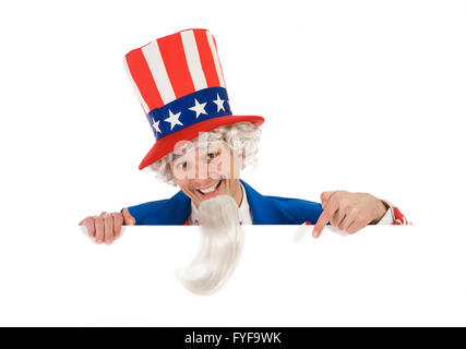 Serie mit Uncle Sam Charakter in verschiedenen Posen mit Requisiten. Stockfoto