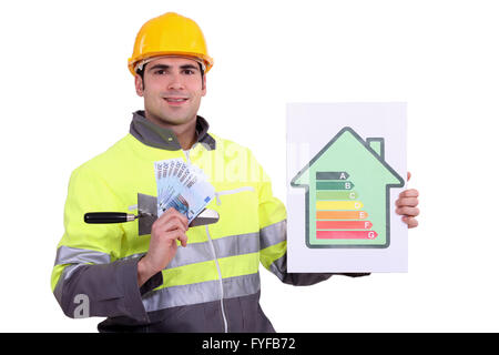 Arbeiter zeigt Vorteile der Energieeffizienz Stockfoto