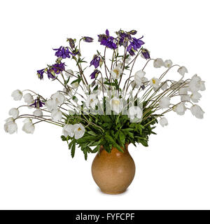 Bouquet von Blumen Anemonen und Einzugsgebieten in einem Tonkrug, isoliert auf weiss Stockfoto