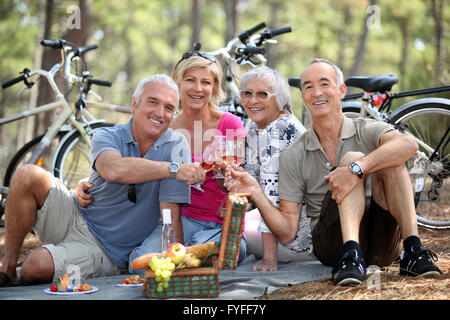 Zwei ältere Paare genießen ein Picknick im Wald Stockfoto