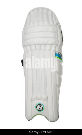 Cricket-Pad. Beinschutz. Weiße Sportgeräte. Stockfoto