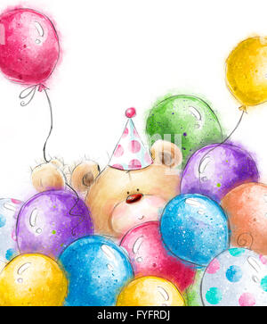 Niedlichen Teddy mit den bunten Luftballons. Hintergrund mit Bär und Luftballons. Geburtstag Grußkarte. Partyeinladung. Stockfoto