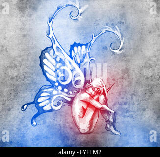 Skizze der Tattoo-Kunst, Märchen mit Schmetterlingsflügeln Stockfoto