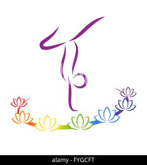 Emblem-Yoga pose mit Chakra Lotusblumen auf Graustufen Stock Vektor