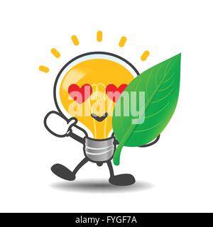 Glühbirne Lampe Cartoon isoliert zeigt grünes Blatt-Eco-Konzept auf den weißen Hintergrund-Vektor-illustration Stock Vektor