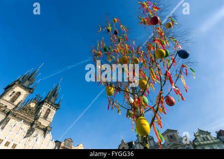 Osterbaum mit Eiern auf Dem Altstädter Ring, Tynkirche Prag, Tschechien Stockfoto