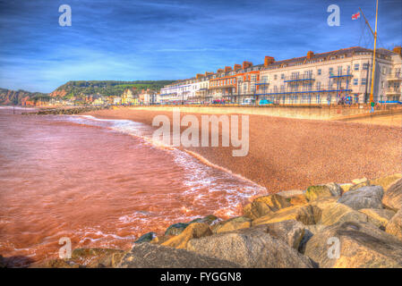 Sidmouth Strand Südwestengland Devon einer beliebten touristischen Küstenstadt in bunte Hdr uk jurassic Küste Stockfoto