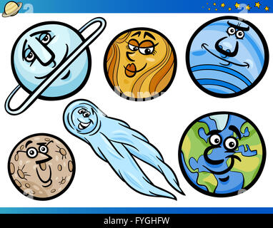 Planeten und Kugeln-Cartoon-Figuren-Satz Stockfoto