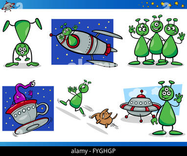 Aliens oder Marsmenschen Cartoon Figuren Set Stockfoto