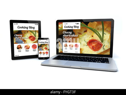ein Smartphone, ein TabletPC und einen Computer mit einem ansprechenden Design Kochen Blog auf dem Bildschirm gerendert Stockfoto