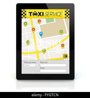 Rendern eines Tablet-PCs mit Taxi-app auf dem Bildschirm. Alle Grafiken bestehen Stockfoto