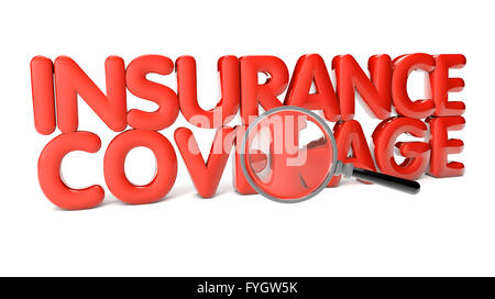 Versicherungsdeckung Text isoliert auf weißem Hintergrund Stockfoto