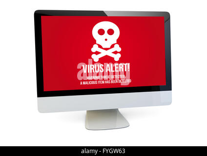Modernes Sicherheitskonzept: Rendern eines Computers mit Viruswarnung auf dem Bildschirm zu isoliert Stockfoto