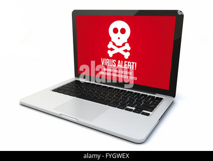 Rendern von 3d generierte Computer Virus Warnung auf dem Bildschirm. Die Bildschirmgrafik bestehen. Stockfoto