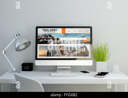 moderne saubere Arbeitsbereich Mockup mit Reisebüro-Website auf dem Bildschirm. 3D Illustration. alle Bildschirm-Grafiken bestehen. Stockfoto