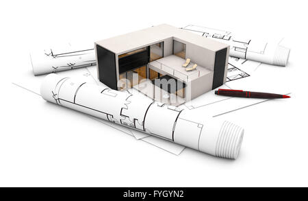 Plan-Projekt-Konzept: Haus aus Beton über Grundstücke isoliert auf weißem Hintergrund Stockfoto