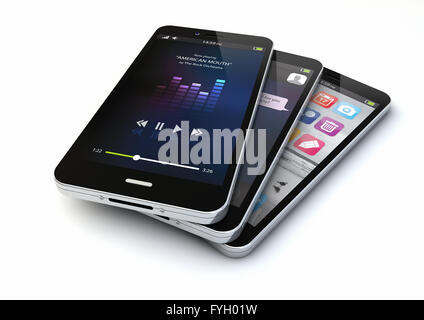 Rendern von drei Smartphones mit verschiedenen apps auf dem Bildschirm Stockfoto