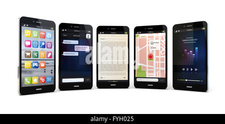 Rendern von fünf Smartphones mit verschiedenen apps auf dem Bildschirm Stockfoto