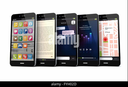 Rendern von fünf Smartphones mit verschiedenen apps auf dem Bildschirm Stockfoto