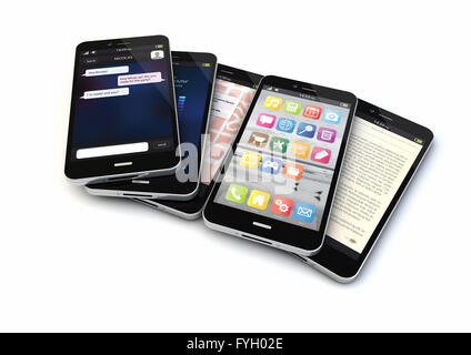 Rendern von fünf Smartphones mit verschiedenen apps auf dem Bildschirm Stockfoto