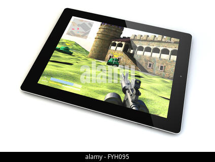 Rendern eines Tablet-PCs mit einem Shooter-Spiel auf dem Bildschirm Stockfoto