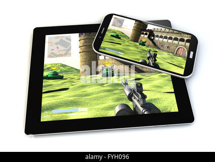 Rendern von Smartphone und Tablet mit einem Shooter-Spiel auf dem Bildschirm Stockfoto