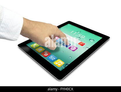 Touchscreen tablet pc mit bunten Schnittstelle farbige Icons und Schaltflächen mit einer Hand berühren des Bildschirms isoliert auf weißem Rücken Stockfoto